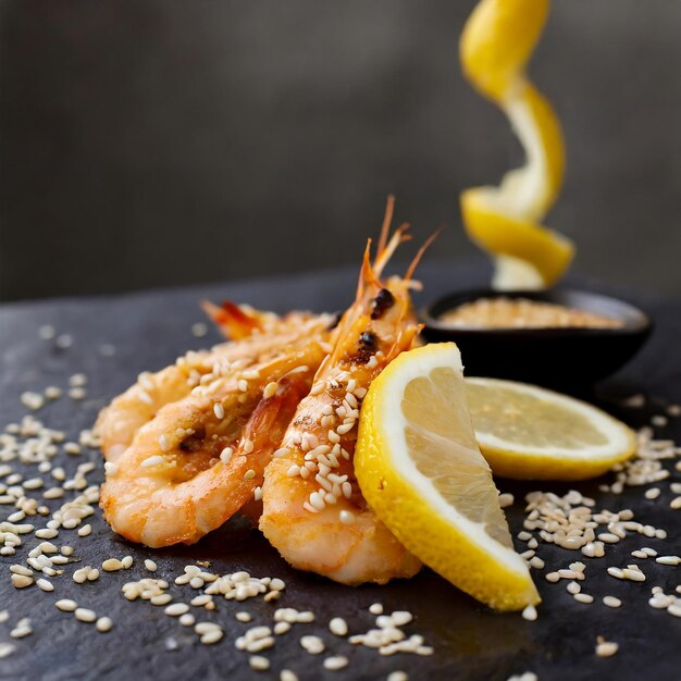 lemon wedges sesame seed served with fried prawns over rough black backdrop