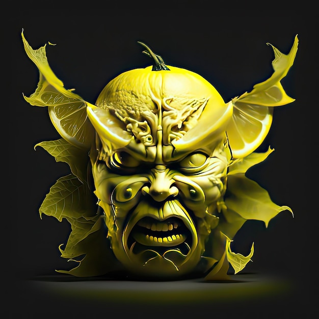 Foto limone con una faccia demoniaca su uno sfondo nero isolato potere oscuro sfumature gialle aspetto minaccioso poltergeist arte ad alta risoluzione intelligenza artificiale generativa
