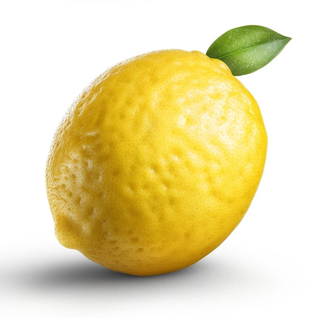 a lemon with a green leaf on it is shown.