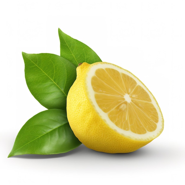 A lemon with green leaves on it and a half of it.