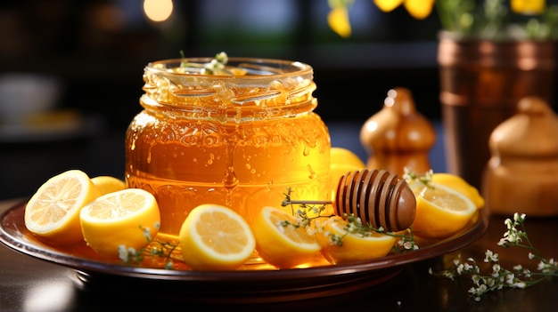 Lemon with honey in a jar infront view closeup