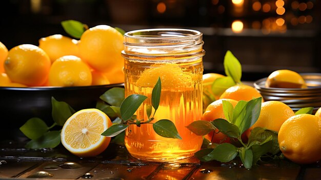 Lemon with honey in a jar infront view closeup