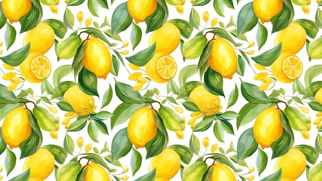 Photo lemon with tropical leaves seamless pattern hand drawing on a white background