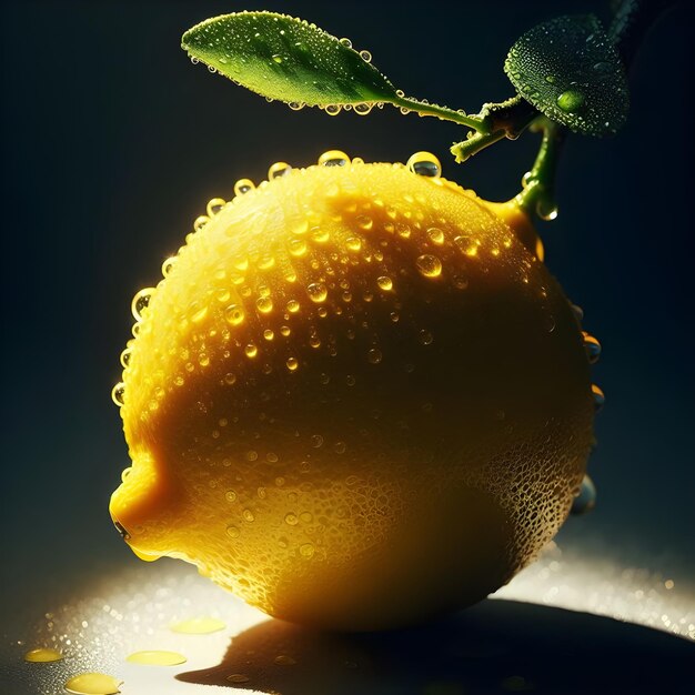 Photo a lemon with water drops on it and a leaf that has water drops on it