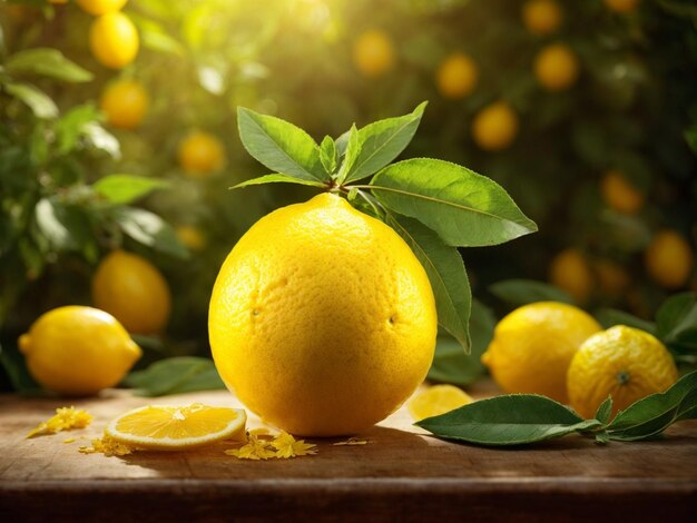 a lemon on a wooden table with lemons in the background