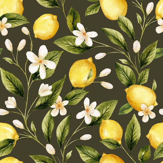 Photo lemon yellow seamless watercolor pattern with flowers and lemons background