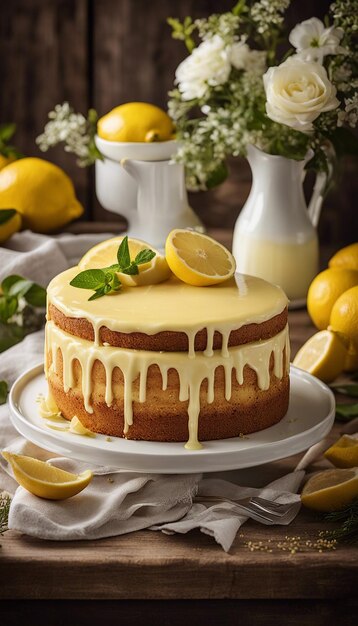 Photo lemonade cake placed on a rustic wooden table
