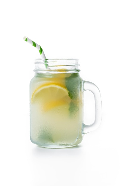 Lemonade drink in a jar glass isolated on white background