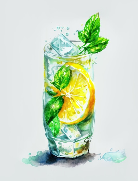 Lemonade drink with fresh lemon mint and ice Generative AI Refreshing citrus mojito cocktail on a light background Watercolor paint