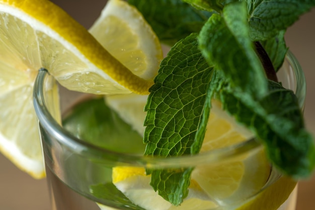 Lemonade fresh with lemon slices and mint leaves in glass closeup