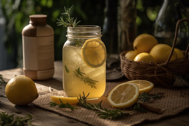 Foto lemonade frisdrank met verse citroenen verfrissende cocktail met citroen munt en ijs op gestructureerd licht