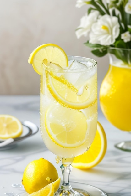 lemonade Fruit Drink in Glass with lemon on side