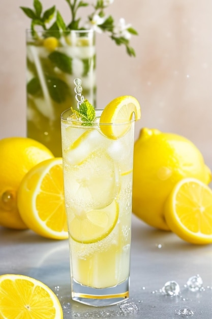 lemonade Fruit Drink in Glass with lemon on side