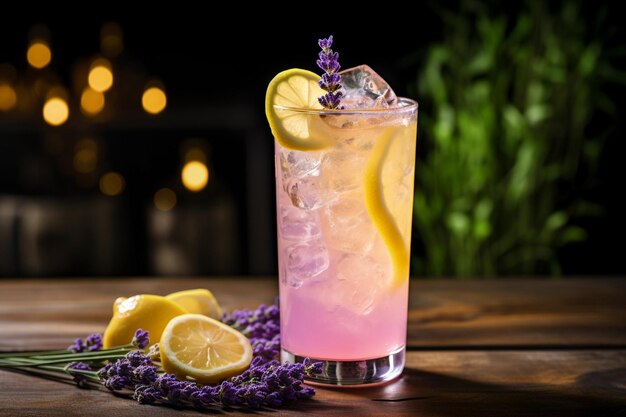 Lemonade garnished with a sprig of lavender or thyme