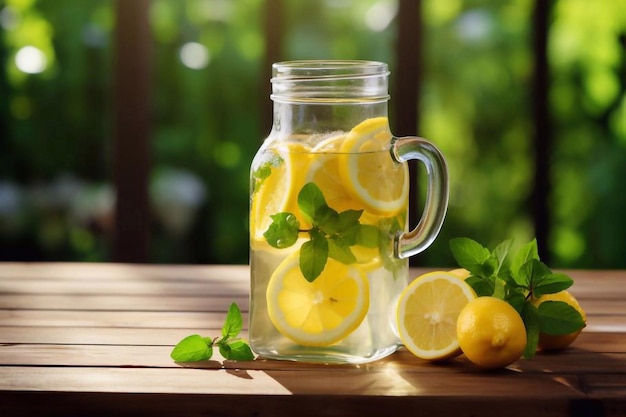 Lemonade in glass jug on wooden table outdoors Summer refreshing drink Cold detox water with lemon