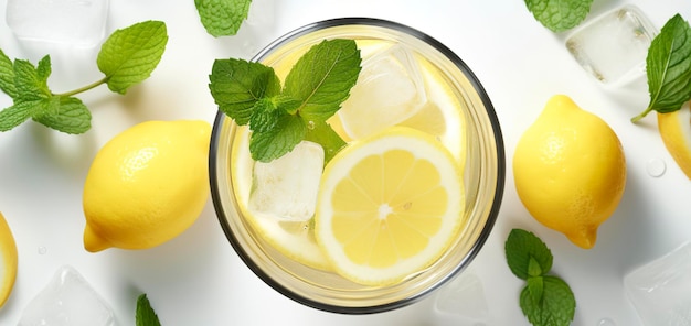 Lemonade in a glass with fresh lemons and mint Cold summer drink with copy space Generative AI