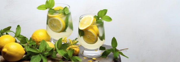 Lemonade in glass with fresh lemons and mint on white table