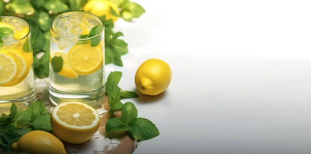 Лимонад в стакане со свежими лимонами и мятой на белом столе