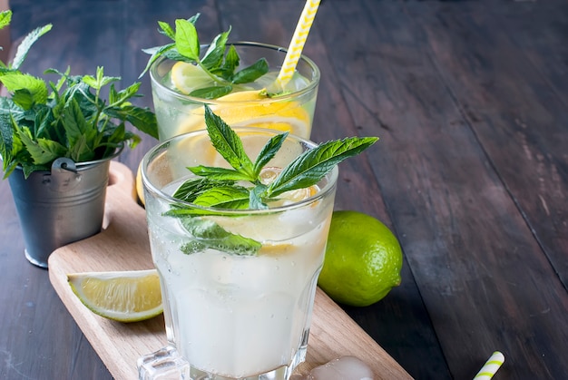 Lemonade in glass with ice and mint 