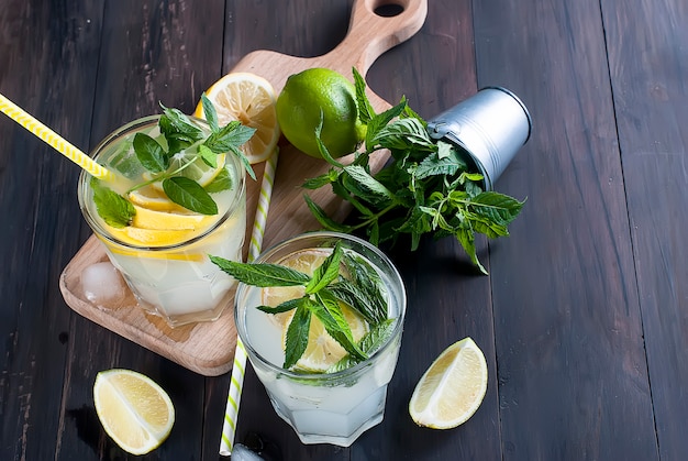 Lemonade in glass with ice and mint 