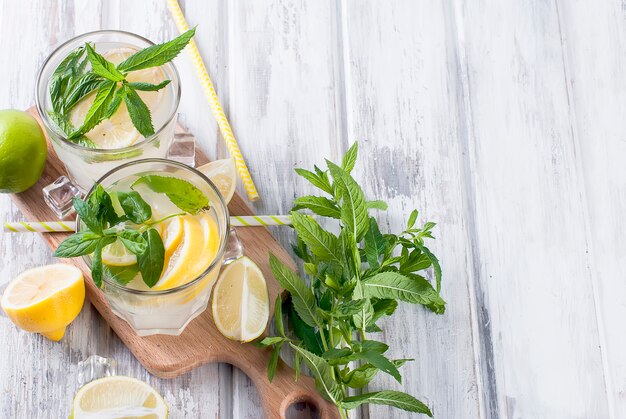 Lemonade in glass with ice and mint 