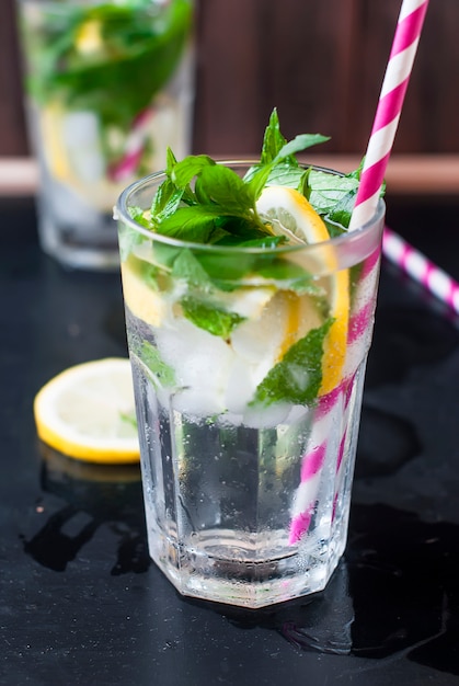 Lemonade in glass with ice and mint 