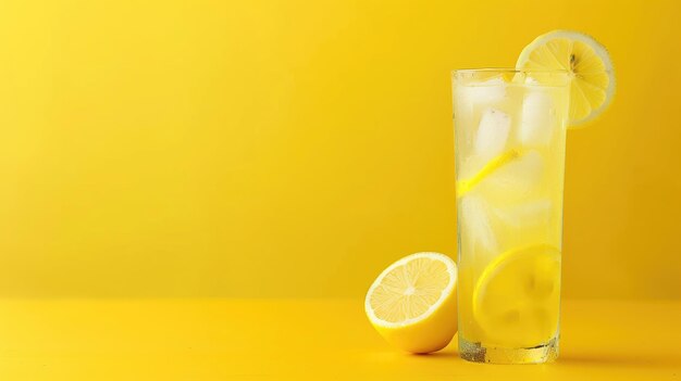 Lemonade glass with lemon on yellow