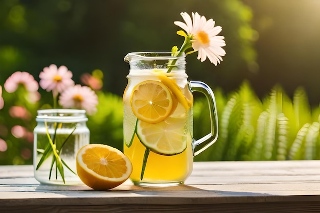 Lemonade in a jar with flowers in the background