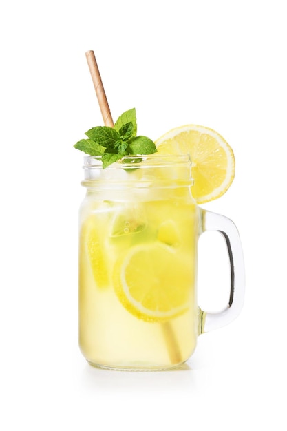 Lemonade in jar with ice and mint with clipping path