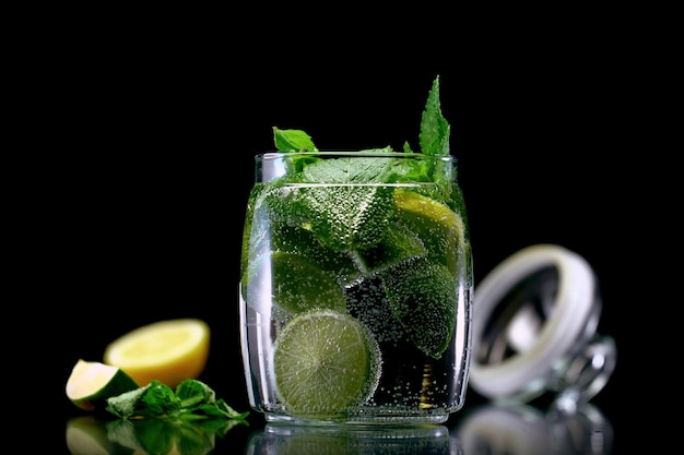 lemonade lemon mint beautiful bubbles black background