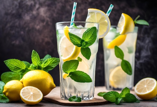 Photo lemonade and lemons are displayed on a wooden tray