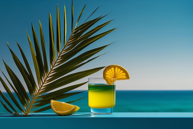 Lemonade and palm leaves against the background of the sea The concept of summer vacation and relaxation AI Generation