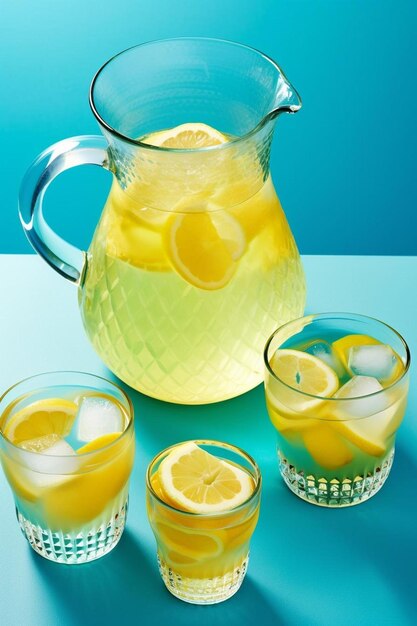 Lemonade panorama lemon water drink with ice two glasses and a pitcher on a blue background overhead