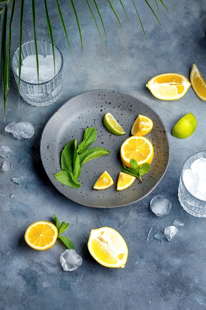 Стакан для приготовления лимонада с кубиками льда, свежие ингредиенты, лимон и мята на серой керамической тарелке