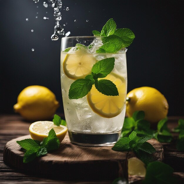 lemonade spetteren met munt en citroenen op de houten tafel geïsoleerd op een zwarte