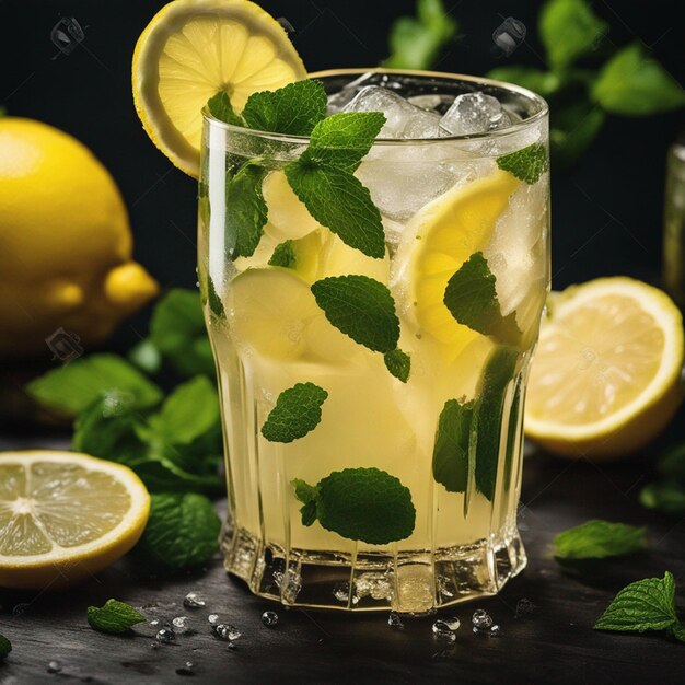 lemonade spetteren met munt en citroenen op de houten tafel geïsoleerd op een zwarte