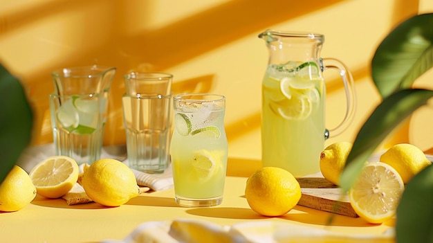 Photo lemonade stand backdrop with a bright yellow background pitchers of lemonade glasses