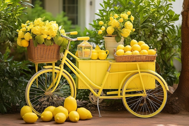 Lemonade stand met een retro fiets en kisten met citroenen