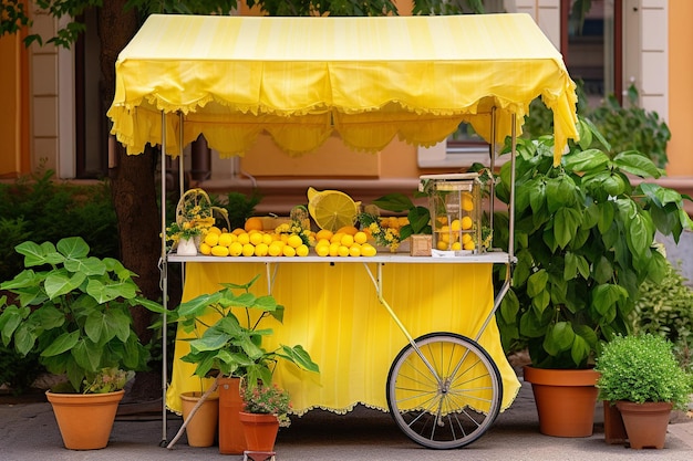 Lemonade stand met een retro fiets en kisten met citroenen