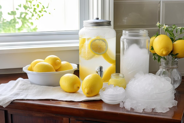 생성 AI로 생성된 카운터에 레몬 설탕과 얼음 한 병이 있는 레모네이드 스탠드
