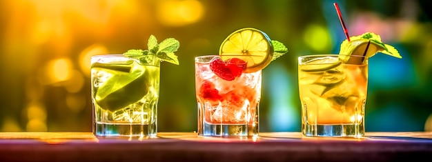 Generative AI로 만든 레모네이드 여름 혼합 상쾌한 음료와 얼음 및 과일 배너