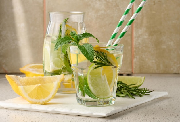 Limonata in un bicchiere trasparente con rametti di rosmarino limone lime e foglie di menta su sfondo bianco