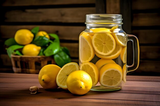 Lemonade with fresh lemons on wooden background