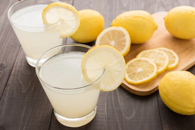 Lemonade with fresh slice lemon on wooden table