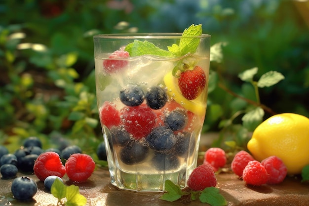 Lemonade with Fruits and Lemons in a Glass Against a Natural Landscape extreme closeup Generative AI