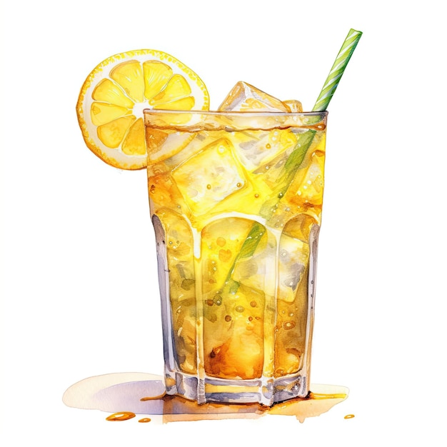 Lemonade with ice in a glass on a white background A refreshing drink AI generated