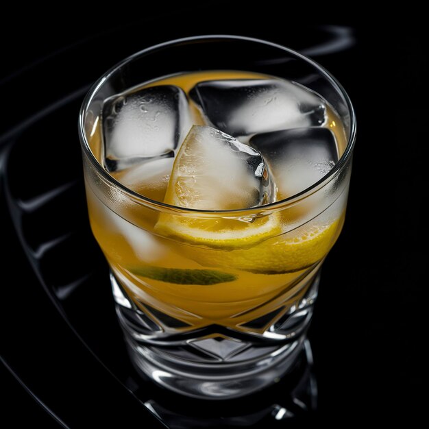 Фото Лимонад с льдом в хрустальном стакане на черном фоне