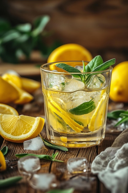 Lemonade with ice and lemons on a wooden table Vertical template for summer cafe and restaurant