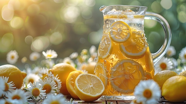 Foto limonata con ghiaccio in una brocca e bicchiere su un tavolo di legno con frutta e ghiaccio schiacciato