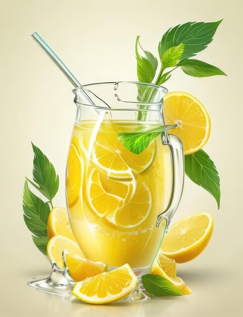 베이지색 배경 에 있는 잔 에 레몬 과 민트 가 들어 있는 레모네이드